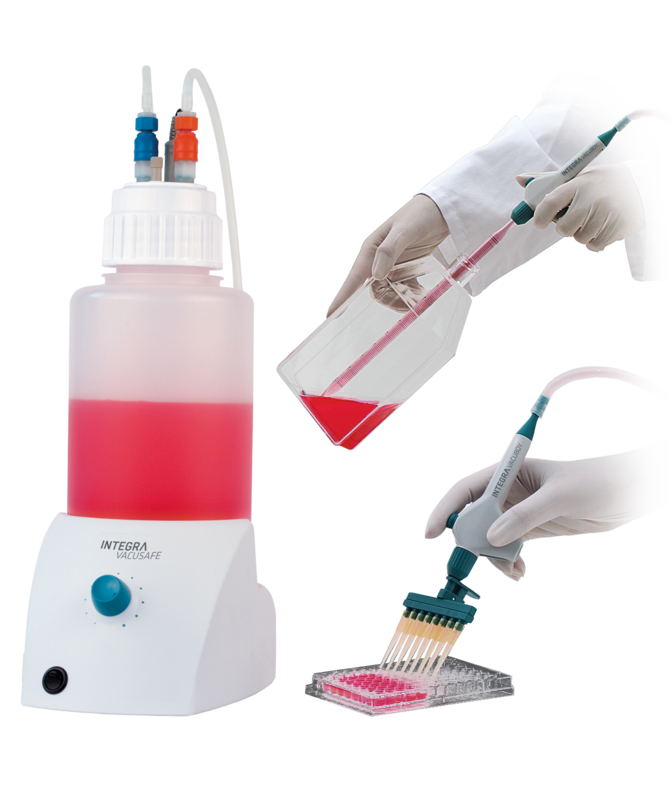 Scientist uses VACUSAFE aspiration system to aspirate red liquid from a variety of vessels