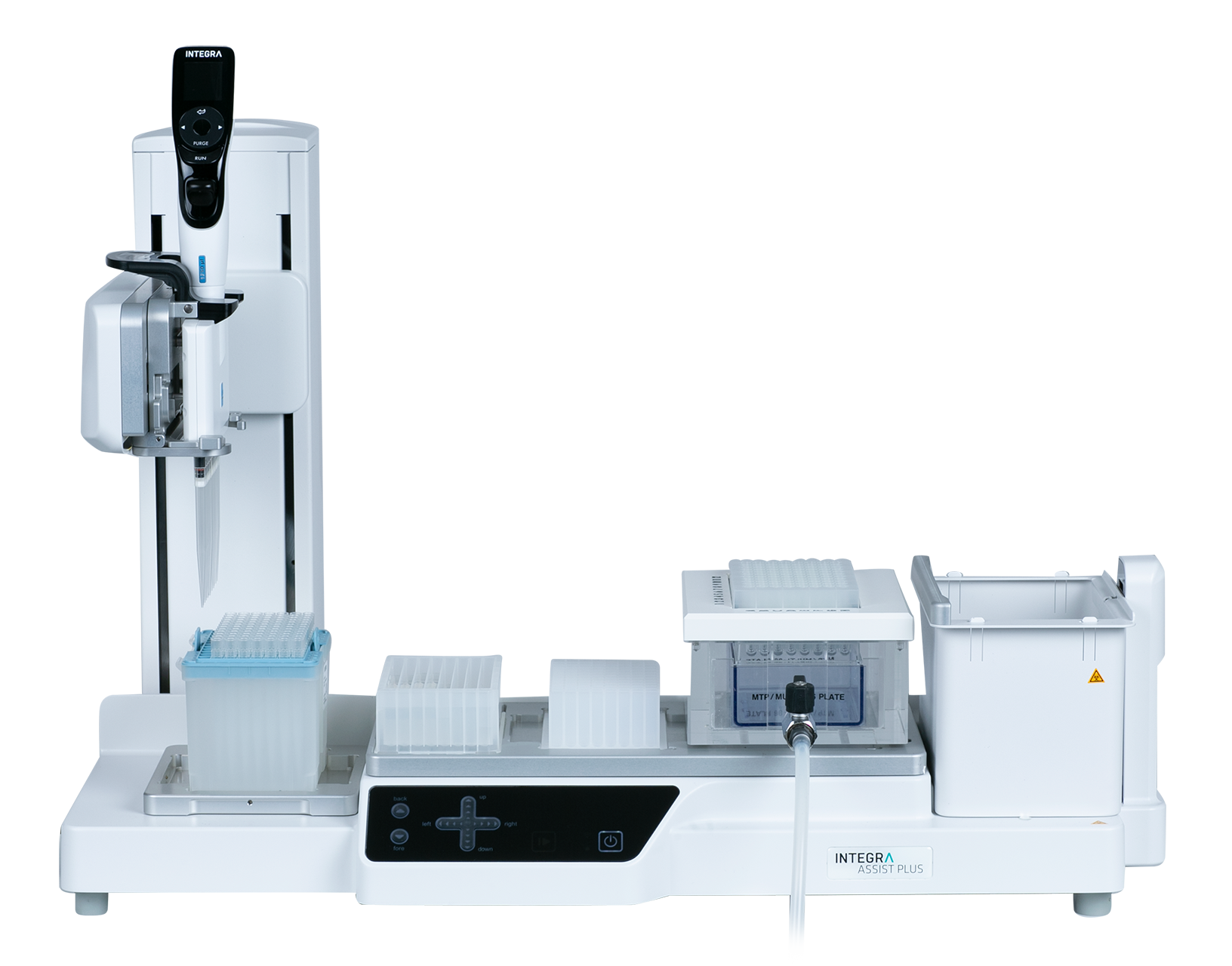ASSIST PLUS pipetting robot with an 8 row reagent reservoir, a culture plate and MACHEREY-NAGEL's NucleoVac 96 Vacuum Manifold.